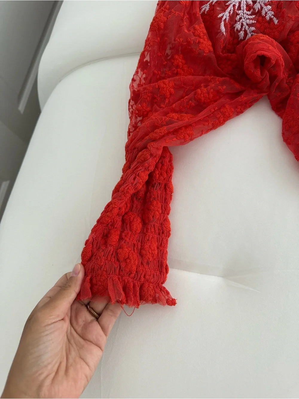 Free People medium Red Off-Shoulder Lace Blouse with Embroidered Sleeves cropped